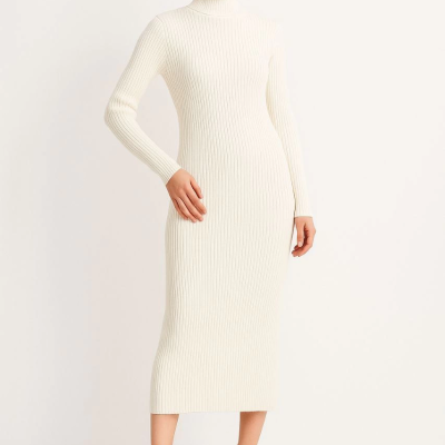 Boğazlı Triko Elbise - Beyaz -