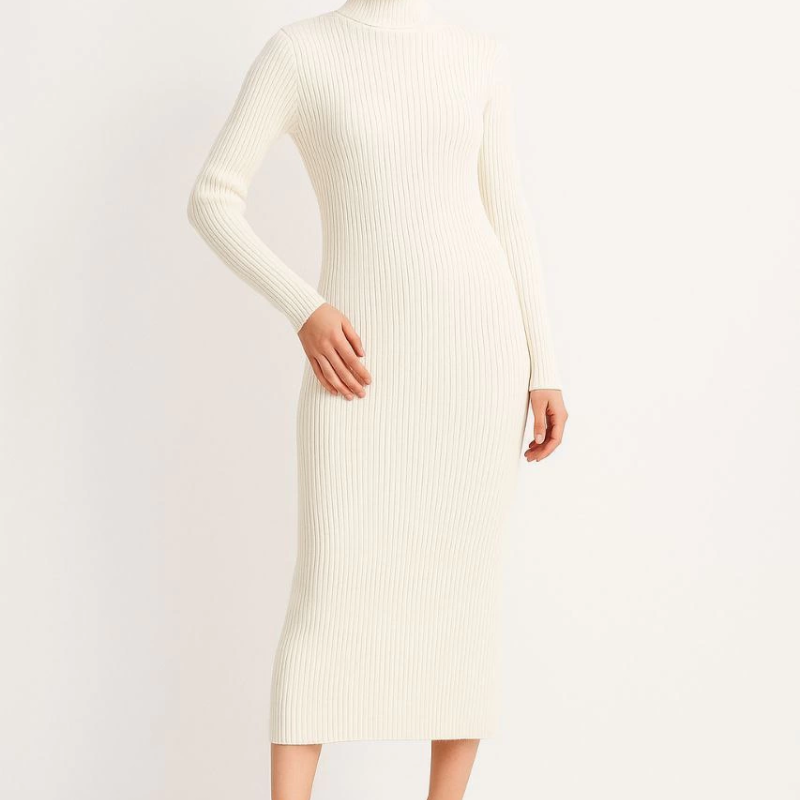 Boğazlı Triko Elbise - Beyaz -