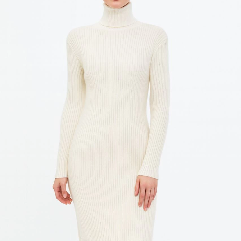 Boğazlı Triko Elbise - Beyaz -