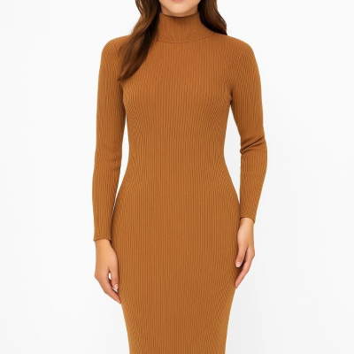 Boğazlı Triko Elbise - Kahverengi -