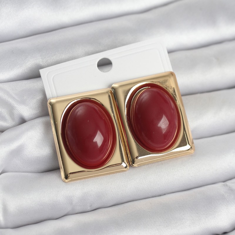 Bordo Kare Model Vintage Gold Renk Kadın Küpe
