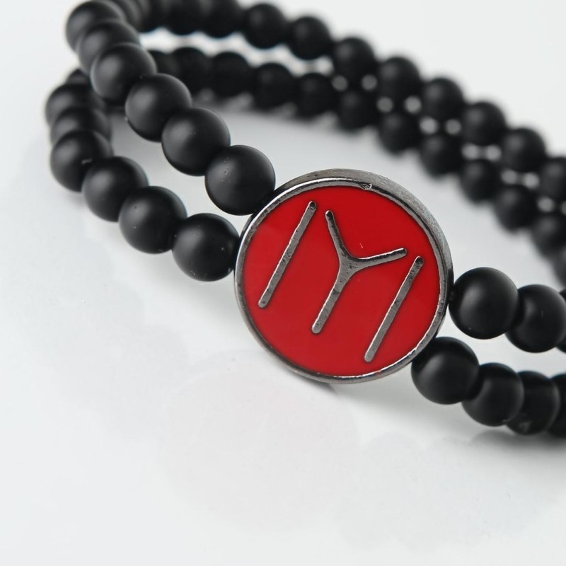 Bordo Renkli Metal Üzerine Füme Kayı Boyu Figürlü Siyah Renk Çift Sıra Doğal Taş Erkek Bileklik