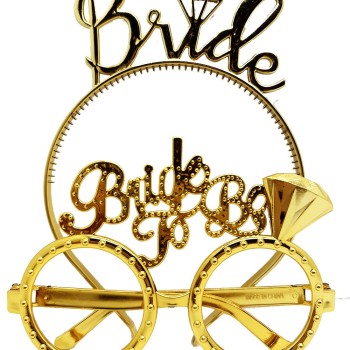 Bride Yazılı Taç ve Bride To Be Yazılı Gözlük Seti Altın Renk 