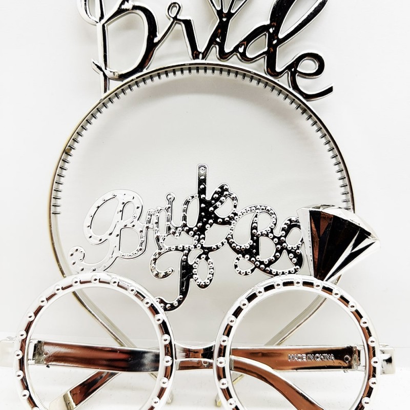 Bride Yazılı Taç ve Bride To Be Yazılı Gözlük Seti Gümüş Renk 
