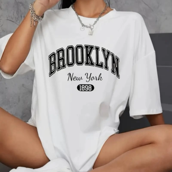 Brooklyn Harf Baskılı Düşük Omuzlu T-shirt, Rahat Kısa Kollu Bol T-shirt,   Giyim - Beyaz -