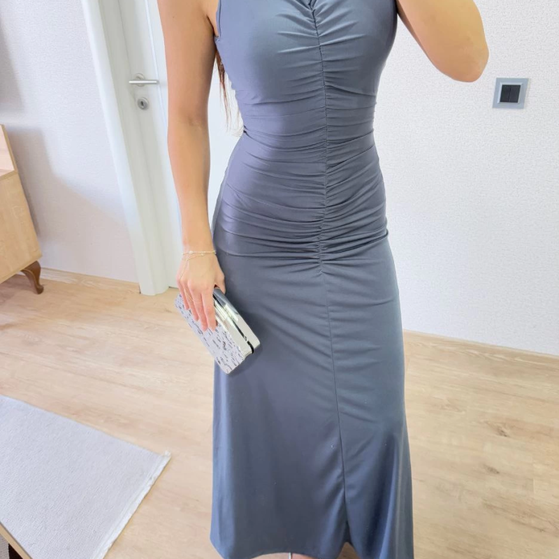 Bürümcük Kumaşlı İçi Astarlı Üzgülü Kolsuz Büzgülü Uzun Elbise - Füme -