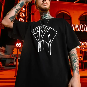 büyük beden Kart baskılı düz renk kısa kollu bisiklet yaka tişört gündelik giyim - Siyah -