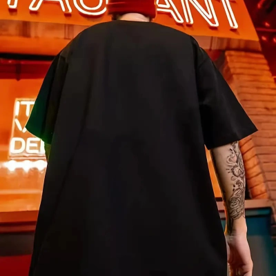 büyük beden Kart baskılı düz renk kısa kollu bisiklet yaka tişört gündelik giyim - Siyah -