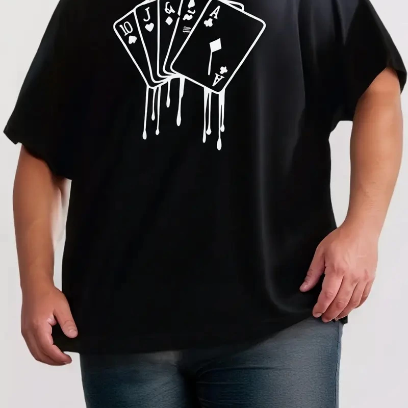 büyük beden Kart baskılı düz renk kısa kollu bisiklet yaka tişört gündelik giyim - Siyah -