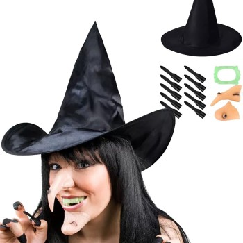 Cadı Kostüm Seti - Cadı Şapkası, Cadı Tırnakları, Cadı Burnu, Cadı Çenesi, Cadı Dişi