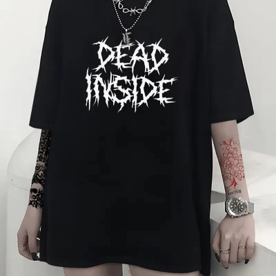 Canlı Harf Baskılı Büyük Boy Oversize Kısa Kollu Tişört - Siyah -