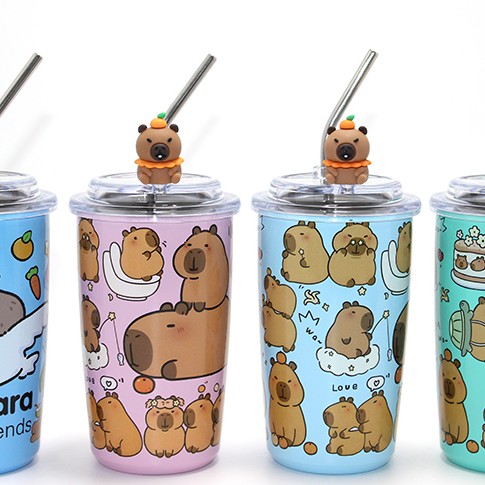 Capybara Figürlü Isı Muhafazalı Metal Pipetli Paslanmaz Çelik Kupa 