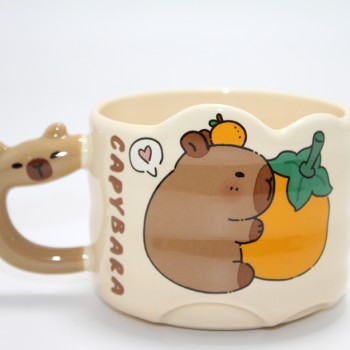 Capybara Figürlü Yayvan Formlu Porselen Kupa Bardak
