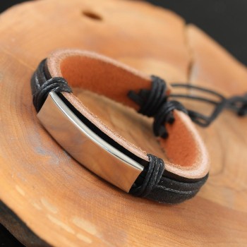 Çelik Aksesuarlı Siyah Renk Deri Erkek Bileklik