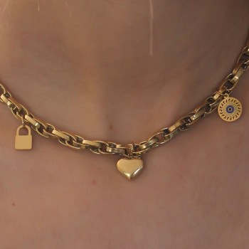 Çelik Gold Renk Kalın Zincir Model Kalp Figür Kadın Kolye