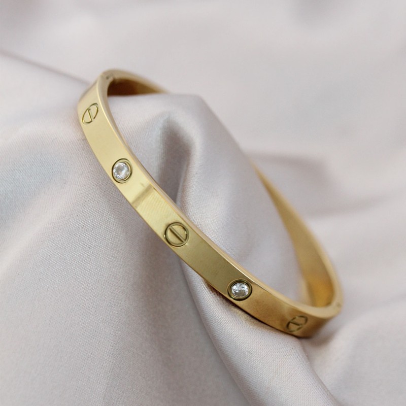 Çelik Gold Renk Zirkon Taşlı Cartier Bileklik