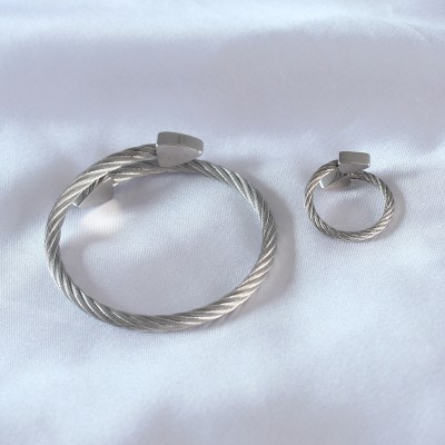 Çelik Gümüş Renk Burgu Model Erkek Bileklik Yüzük Seti