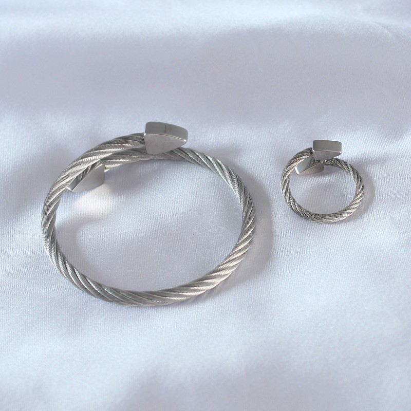 Çelik Gümüş Renk Burgu Model Erkek Bileklik Yüzük Seti