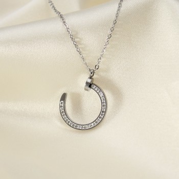 Çelik Silver Renk Zirkon Taşlı Çivi Model Kadın Kolye