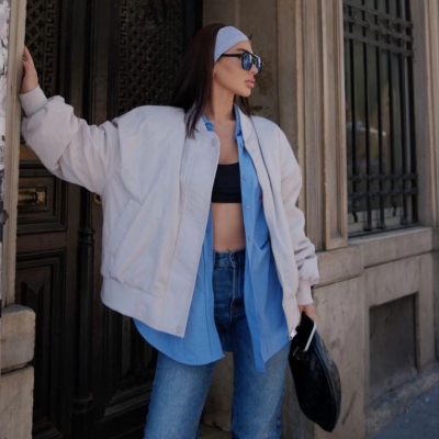 Cepli Bomber Ceket Mont - Beyaz -