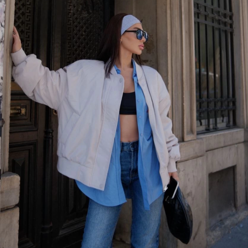 Cepli Bomber Ceket Mont - Beyaz -