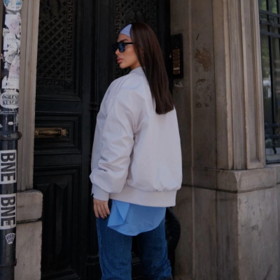 Cepli Bomber Ceket Mont - Beyaz -