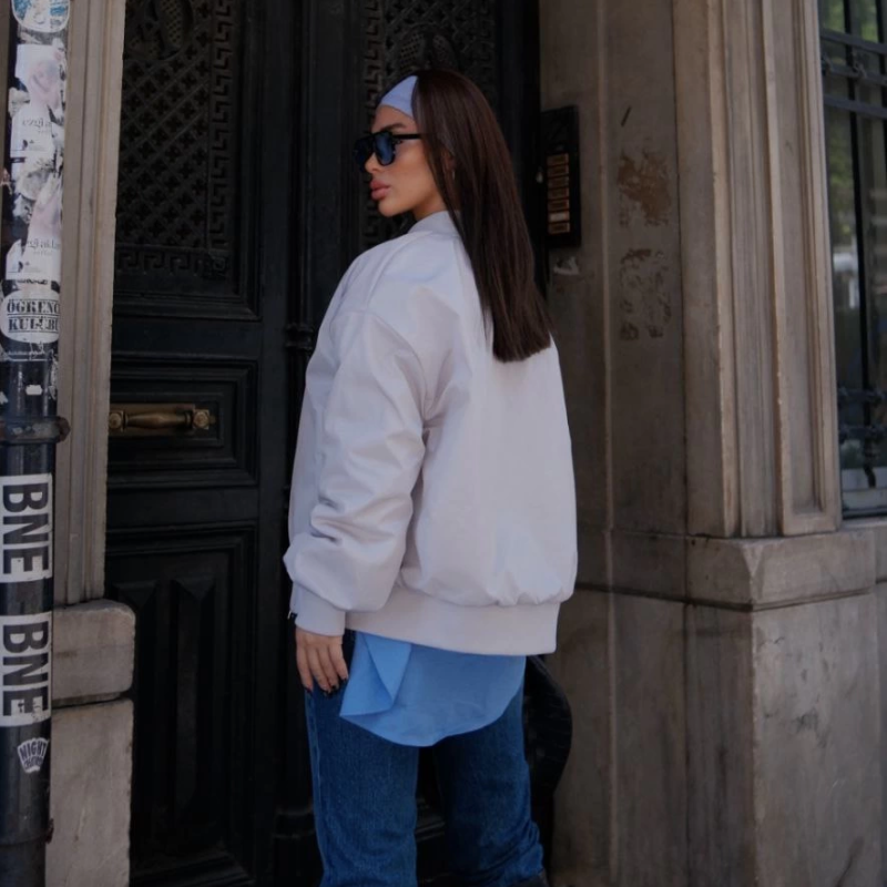 Cepli Bomber Ceket Mont - Beyaz -