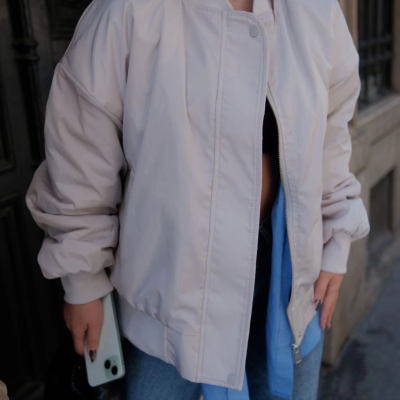 Cepli Bomber Ceket Mont - Beyaz -