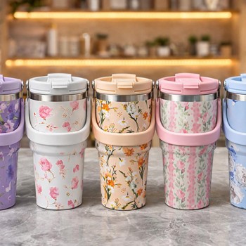 Çiçek Desenli 700 ml Taşıma Kulplu Paslanmaz Çelik Termos Mug Bardak
