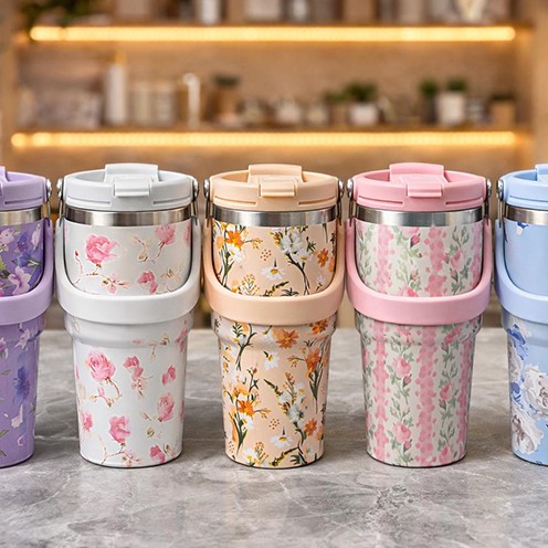 Çiçek Desenli 700 ml Taşıma Kulplu Paslanmaz Çelik Termos Mug Bardak
