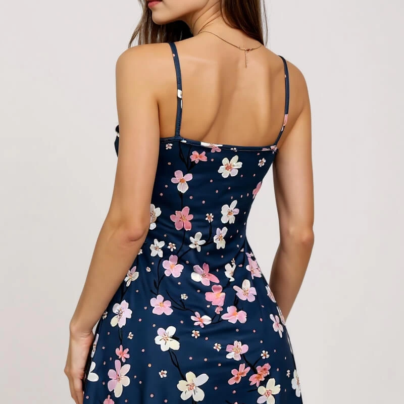 Çiçek Desenli Mavi Askılı Gecelik