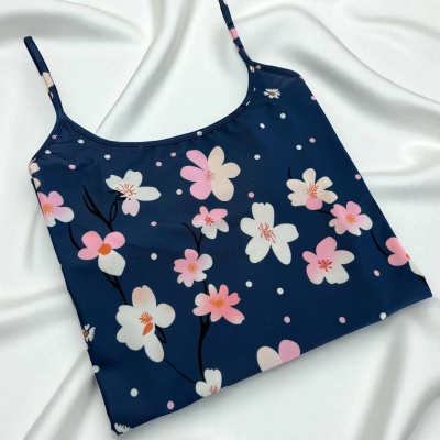 Çiçek Desenli Mavi Askılı Gecelik