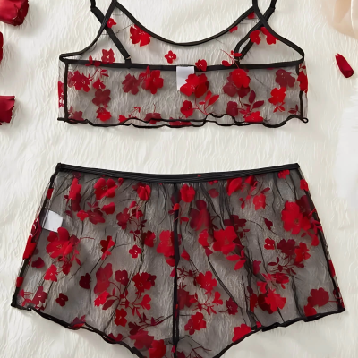 Çiçek Desenli Siyah Transparan Şortlu Gecelik TM1377 Siyah