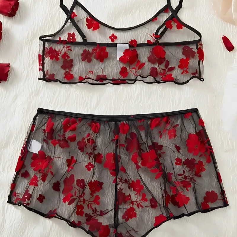 Çiçek Desenli Siyah Transparan Şortlu Gecelik TM1377 Siyah