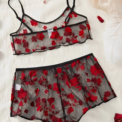 Çiçek Desenli Siyah Transparan Şortlu Gecelik TM1377 Siyah