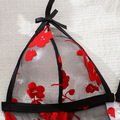 Çiçek Desenli Siyah Transparan Tül Gecelik TM1319