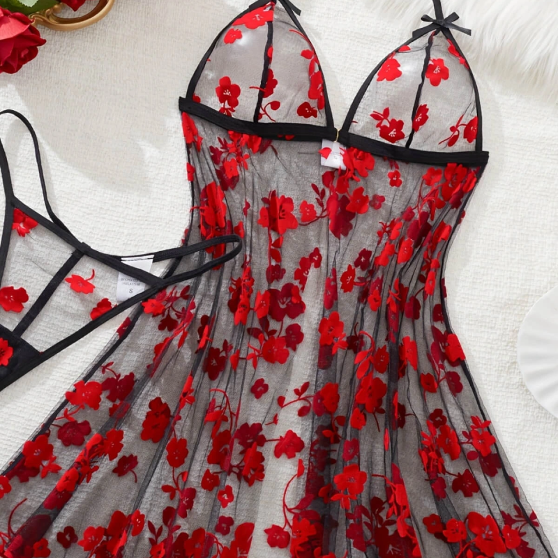 Çiçek Desenli Siyah Transparan Tül Gecelik TM1319