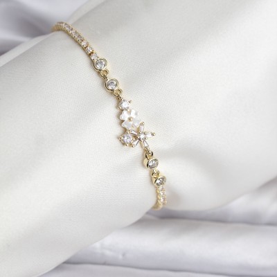 Çiçekli Model Zirkon Taşlı Gold Renk Su Yolu Kadın Bileklik