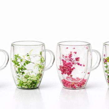 Çift Camlı Çiçekli Borosilikat Kupa Bardak - Model 2