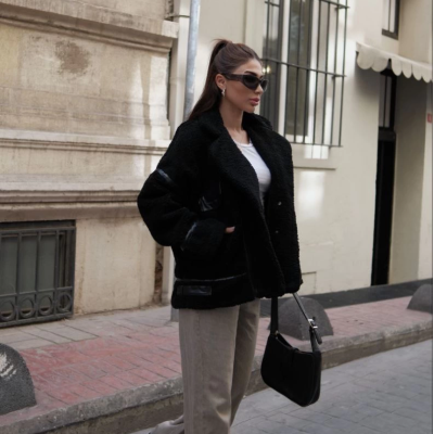 Cıt Cıt Detaylı Peluş Mont Ceket - Siyah -