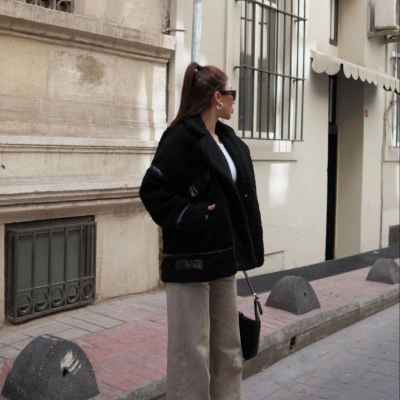 Cıt Cıt Detaylı Peluş Mont Ceket - Siyah -