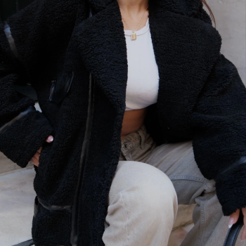 Cıt Cıt Detaylı Peluş Mont Ceket - Siyah -