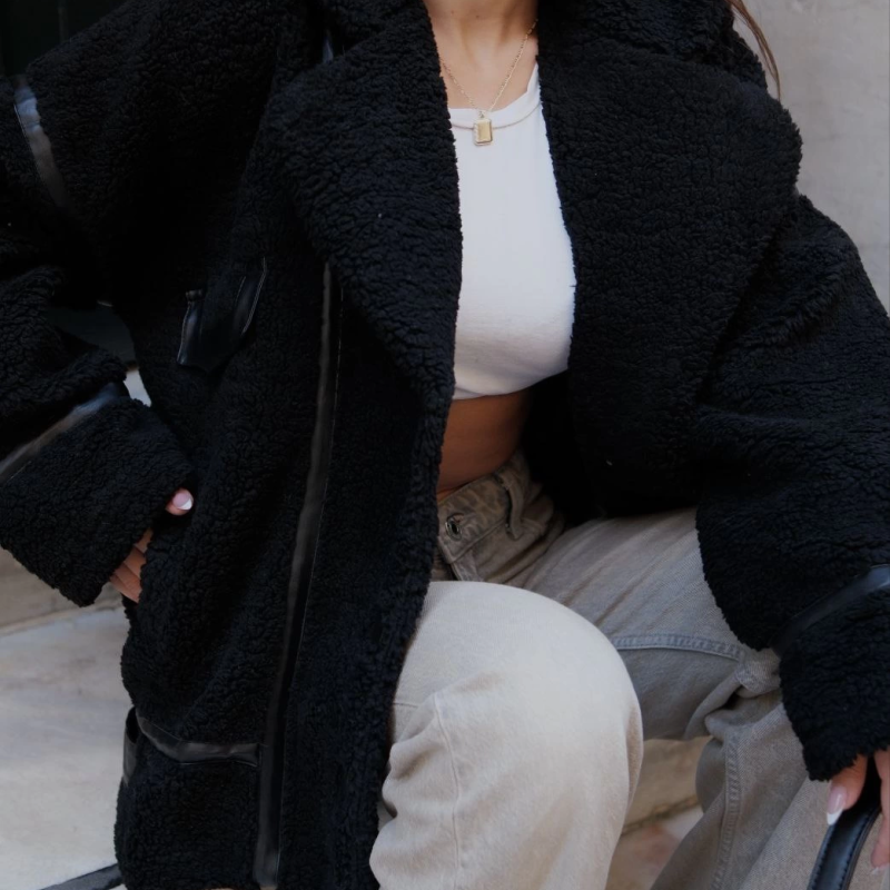 Cıt Cıt Detaylı Peluş Mont Ceket - Siyah -