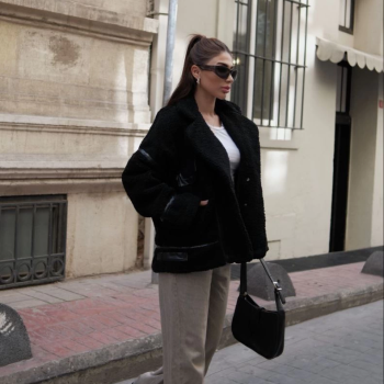 Cıt Cıt Detaylı Peluş Mont Ceket - Siyah -