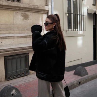 Cıt Cıt Detaylı Peluş Mont Ceket - Siyah -