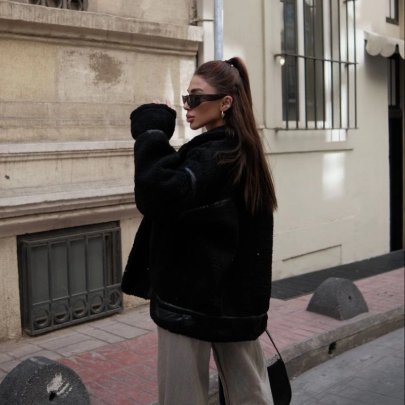 Cıt Cıt Detaylı Peluş Mont Ceket - Siyah -