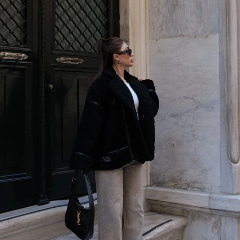 Cıt Cıt Detaylı Peluş Mont Ceket - Siyah -