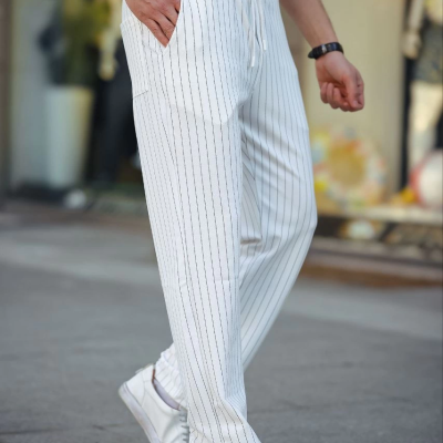 Cizgili Dokuma Krep Jogger Buggy Pantalon Rahat kalıp - Beyaz