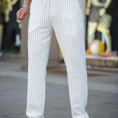 Cizgili Dokuma Krep Jogger Buggy Pantalon Rahat kalıp - Beyaz