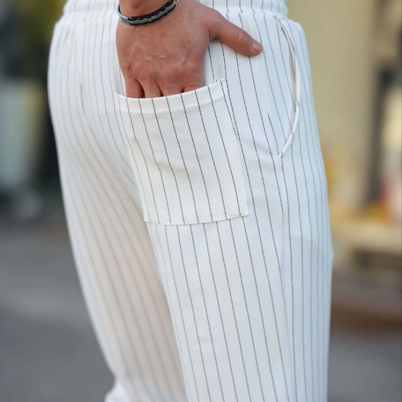 Cizgili Dokuma Krep Jogger Buggy Pantalon Rahat kalıp - Beyaz